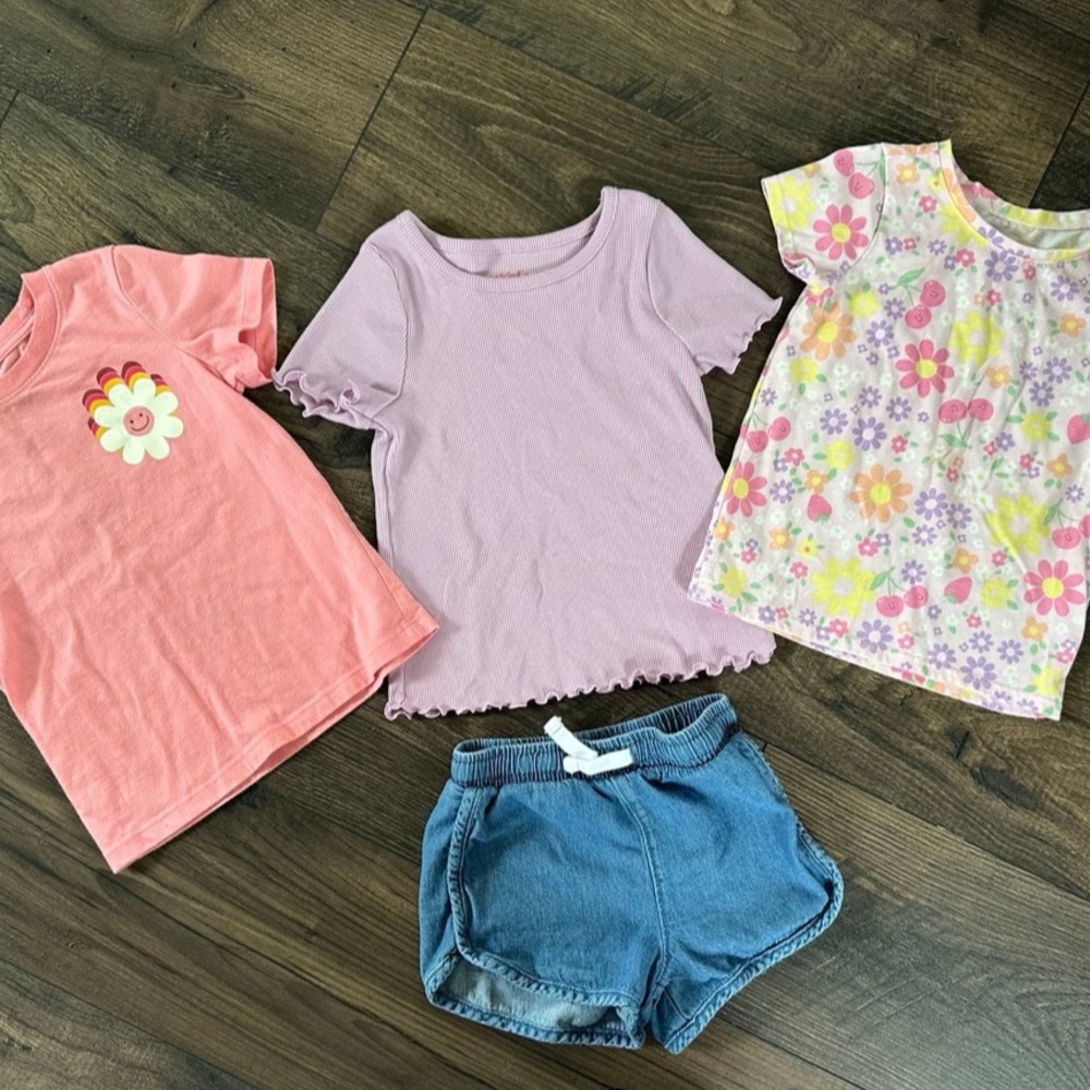 3T Floral & Solid Tee Bundle with Denim Shorts - Pink, Lavender, Multi